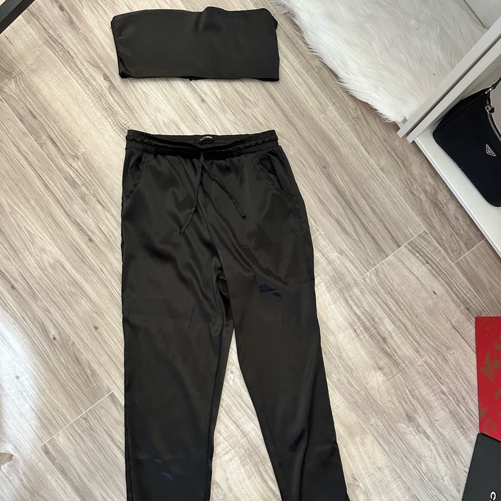 2 piece black silk bando and cargo pants